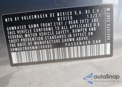 2021 Volkswagen Jetta 1.4T Sel Premium from USA, damaged, VIN 3VWG57BU9MM100493